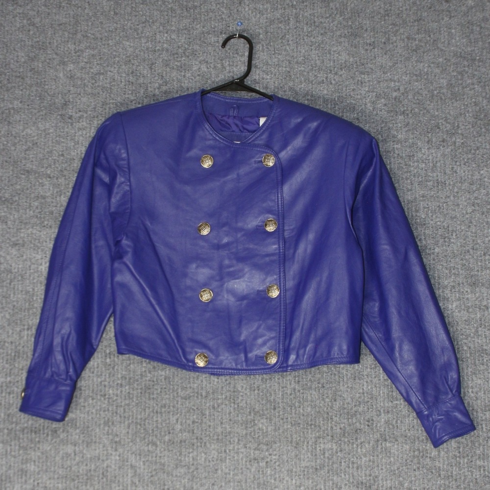 Vintage Lord & Taylor Leather Jacket Womens 2 Purple Double Breasted Cropped 80s
